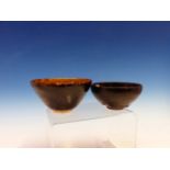 TWO CHINESE HARES FUR BOWLS, THE LARGER WITH A PALER BROWN INTERIOR. Dia. 11cms. THE SMALLER WITH