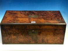 A VICTORIAN BRASS BOUND WALNUT WRITING SLOPE, THE LID OPENING ON A BRAMAH LOCK TO REVEAL A BLACK LEA