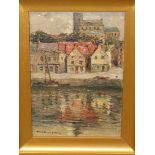 EARLY 20th.C. IMPRESSIONIST SCHOOL. A RIVERSIDE TOWN SCENE, SIGNED INDISTINCTLY, OIL ON BOARD. 23 x