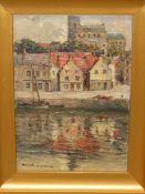 EARLY 20th.C. IMPRESSIONIST SCHOOL. A RIVERSIDE TOWN SCENE, SIGNED INDISTINCTLY, OIL ON BOARD. 23 x