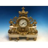 A FRENCH ORMOLU AND WHITE MARBLE CASED CLOCK WITH SWAGS BELOW THE ENAMEL DIAL AND URNS WITH FLAMBEAU
