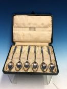 LIBERTY AND Co.- A SET OF SIX CASED HALLMARKED SILVER AND ENAMELLED TEA SPOONS. BIRMINGHAM 1925.