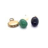 AN AMETHYST AND A GREEN AVENTURINE EGG FORM PENDANT WITH 9ct GOLD FITTINGS TOGETHER WITH AN BONE