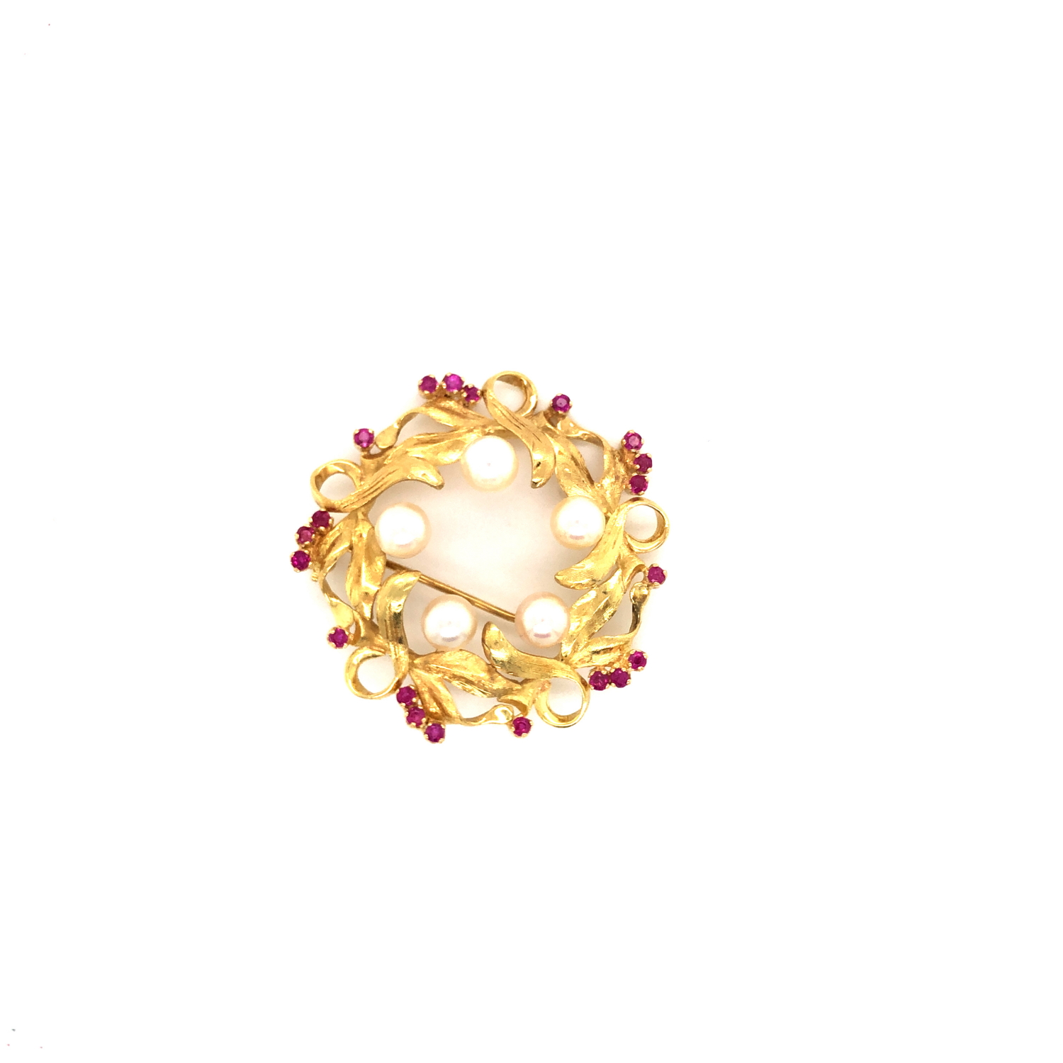 A CULTURED PEARL AND RUBY WREATH BROOCH. THE OUTER LEAVES VARIOUSLY SET WITH TWENTY ROUND - Image 5 of 7