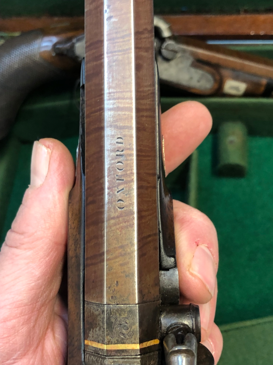 A CASED PAIR OF PERCUSSION CAP PISTOLS BY SYKES, RAMRODS BELOW THE BROWNED OCTAGONAL BARRELS. W - Image 15 of 16