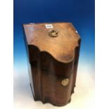 A GEORGE III BARBERS POLE LINE INLAID WALNUT CUTLERY BOX, THE INTERIOR RECEIVERS WITH FEATHER AND
