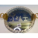 A VENETIAN MIRRORED GLASS TRAY WITH TWO GILT HANDLES APPLIED TO THE ROPE TWIST GALLERY ENCLOSING A S