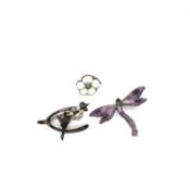 AN ENAMELLED DRAGONFLY BROOCH AND A SMALL ENAMELLED PRIMROSE BROOCH BOTH STAMPED STERLING AND