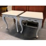 A PAIR OF 20th C. GREY PAINTED ROCOCO STYLE TABLES, EACH SIDE OF THE APRONS PIERCED WITH THREE LENS