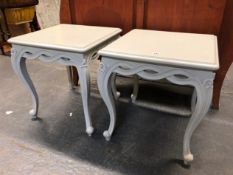 A PAIR OF 20th C. GREY PAINTED ROCOCO STYLE TABLES, EACH SIDE OF THE APRONS PIERCED WITH THREE LENS