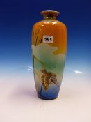 TAIZAN, A SATSUMA SLENDER OVOID VASE PAINTED WITH A KINGFISHER FLYING AWAY FROM IRISES AT DAWN,