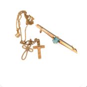 A 9ct STAMPED EDWARDIAN PASTE BAR BROOCH, TOGETHER WITH A 9ct STAMPED ENGRAVED CROSS PENDANT, A