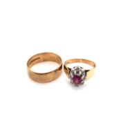 A VINTAGE 9ct HALLMARKED YELLOW GOLD RUBY AND DIAMOND CLUSTER RING, TOGETHER WITH A 9ct HALLMARKED