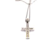 A 9ct WHITE GOLD HALLMARKED DIAMOND CROSS SUSPENDED ON A 9ct WHITE GOLD CURB CHAIN. LENGTH 43cms.