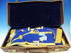 A LEATHER CASE OF MID 20th C. GLOUCESTERSHIRE FREEMASONS REGALIA, TO INCLUDE THREE SILVER GILT