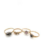 FOUR 9ct HALLMARKED GOLD AND CUBIC ZIRCONA DRESS RINGS, TWO SET WITH BLUE SAPPHIRES. FINGER SIZES