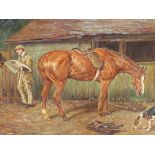 J. EMMS (20th.C. ENGLISH SCHOOL) "RACING NEWS". A STABLE VIEW, SIGNED, OIL ON CANVAS. 31 x 41cms
