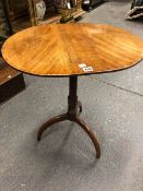 A GEORGE III MAHOGANY TRIPOD TABLE, THE OVAL TOP ON A GUN BARREL COLUMN AND ARCHED LEGS. W 59 x D 47