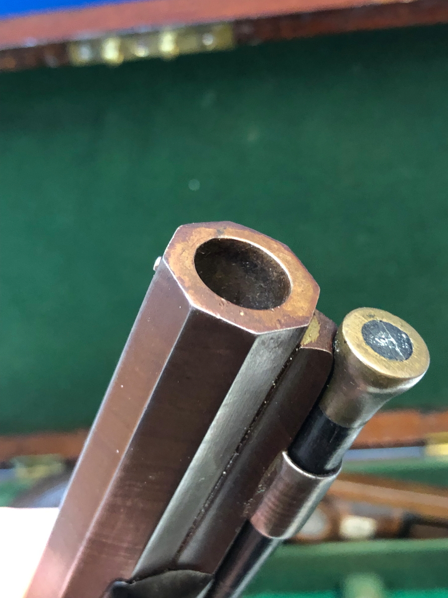 A CASED PAIR OF PERCUSSION CAP PISTOLS BY SYKES, RAMRODS BELOW THE BROWNED OCTAGONAL BARRELS. W - Image 11 of 16