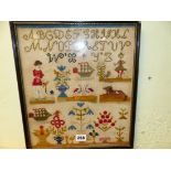 A WOOL SAMPLER WORKED WITH THE ALPHABET ABOVE FIGURES, BIRDS, FLOWERS, A DOG AND SCHOONERS, THE