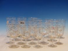 EIGHTEEN WINE GLASSES EACH WITH DIMPLED BOWLS AND IN THREE SIZES, THE LARGEST. H 13cms.