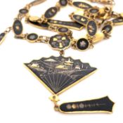 JAPANESE DAMASCENE INLAID JEWELLERY COMPRISING OF A MATCHING NECKLACE AND BRACELET SET WITH FAN