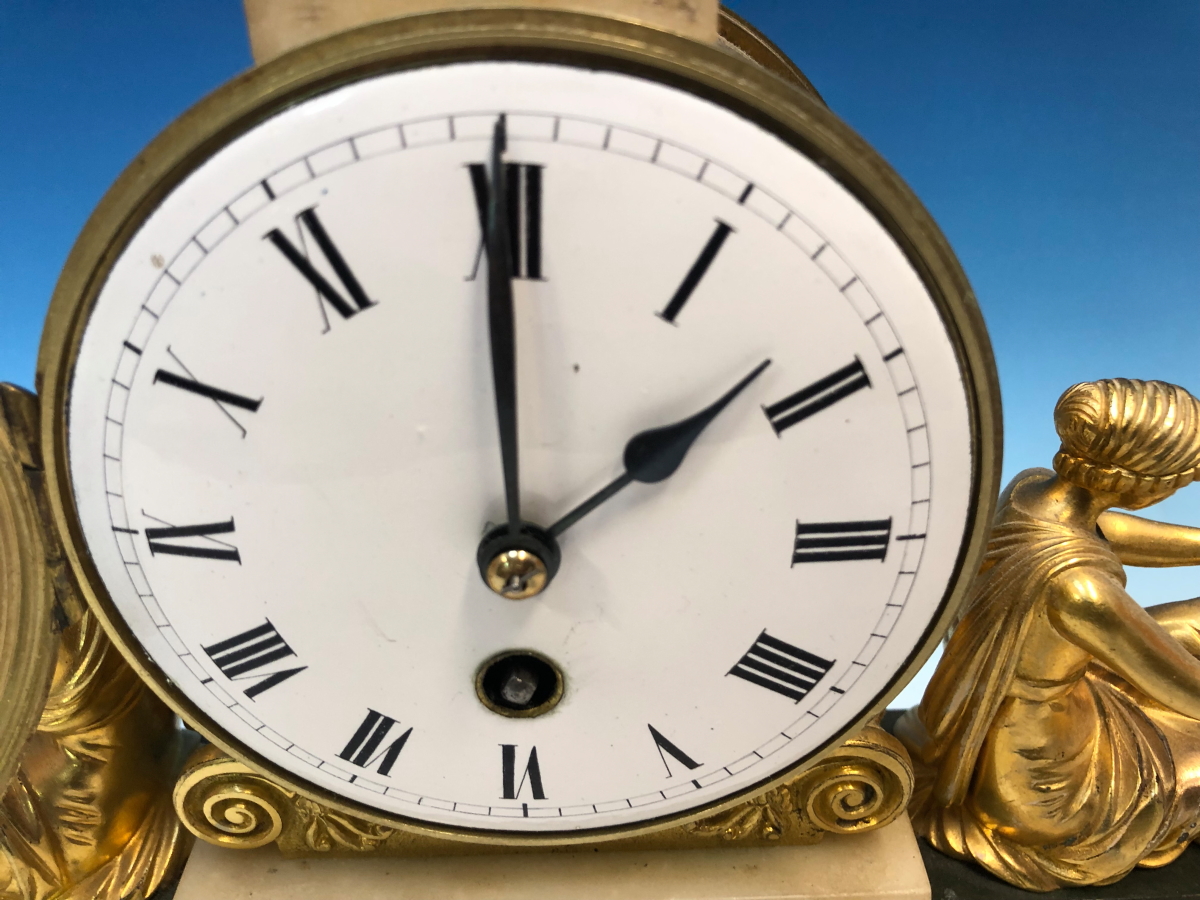 AN ORMOLU AND WHITE MARBLE TIMEPIECE BY JAPY FRERES, THE ENAMEL DIAL SURMOUNTED BY AN EAGLE AND - Image 7 of 9