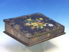 A VICTORIAN PAPIER MACHE INLAID WITH MOTHER OF PEARL WRITING SLOPE, THE FALL PAINTED WITH FLOWERS