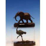 MICK SIMPSON AFTER DAVID SHEPHERD, A BRONZE FIGURE OF AN ELEPHANT. W 14cms. TOGETHER WITH A BRONZE