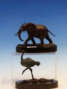 MICK SIMPSON AFTER DAVID SHEPHERD, A BRONZE FIGURE OF AN ELEPHANT. W 14cms. TOGETHER WITH A BRONZE