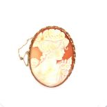 A PORTRAIT CAMEO SHELL BROOCH IN A 9ct HALLMARKED GOLD FRAME, COMPLETE WITH SAFETY CHAIN. MEASURES