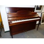 A SMALL BOUDOIR UPRIGHT OVERSTRUNG PIANO BY KNIGHT IN MAHOGANY CASE.
