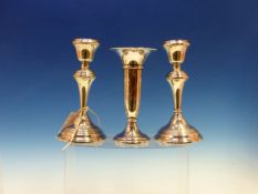 A PAIR OF HALLMARKED SILVER TABLE CANDLESTICK ( FILLED) TOGETHER WITH A FLARED RIM VASE BIRMINGHAM