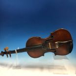 A BOW AND THREE QUARTER SIZED VIOLIN IN A LEATHERETTE CASE, THE VIOLIN LABELLED FOR STRADIVARIUS,