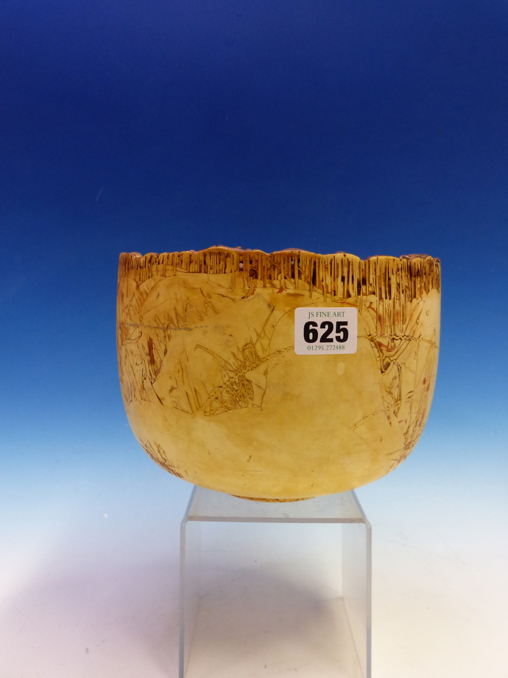 A STUDIO POTTERY BOWL BUILT OF DRIPS AND BLOCKS OF BEIGE SLIPS WITH TERRACOTTA RED INCLUSIONS, THE
