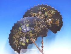 A PAIR OF 19th C. PAPIER MACHE INLAID WITH MOTHER OF PEARL FAN SHAPED FACE SCREENS GILT AND