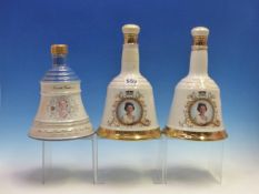 WHISKY, THREE WADE BELLS OF BELLS WHISKY, TWO BEING COMMEMORATIVE OF THE QUEENS 60TH BIRTHDAY, THE