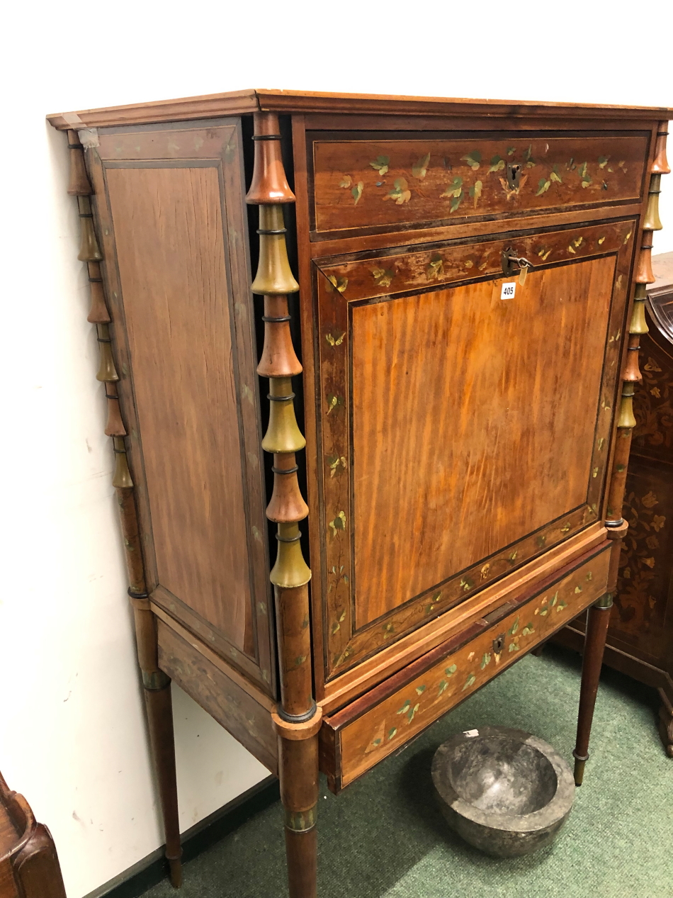A 19th C. VINE PAINTED SATIN WOOD BUREAU A BATTANT WITH DRAWERS ABOVE AND BELOW THE FALL BETWEEN - Image 2 of 6
