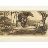 WILLIAM HAY (1886-1964) A HAMPSHIRE FARM. PENCIL SIGNED ETCHING. GALLERY LABEL VERSO. 19 x 31cms