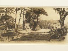 WILLIAM HAY (1886-1964) A HAMPSHIRE FARM. PENCIL SIGNED ETCHING. GALLERY LABEL VERSO. 19 x 31cms