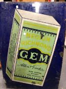 A VINTAGE BLUE ENAMELLED SIGN WITH A GREEN PACKET OF ALLEN AND GINTER GEM CIGARETTES. 93 x 61cms.