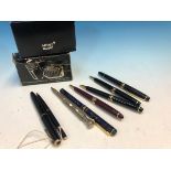TWO MONT BLANC BALL POINT PENS, A PARKER FOUNTAIN PEN, TWO PARKER BALL POINTS, TWO OTHERS TOGETHER