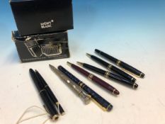 TWO MONT BLANC BALL POINT PENS, A PARKER FOUNTAIN PEN, TWO PARKER BALL POINTS, TWO OTHERS TOGETHER