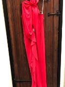 A DESIGNER EVENING DRESS BY DUSK, RED WITH DIAMANTE ACCENT. UK SIZE 16.