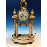 AN ORMOLU MOUNTED FOUR COLUMN PORTICO CLOCK, THE ENAMEL DIAL WITH FLORAL SWAGS BETWEEN THE ARABIC