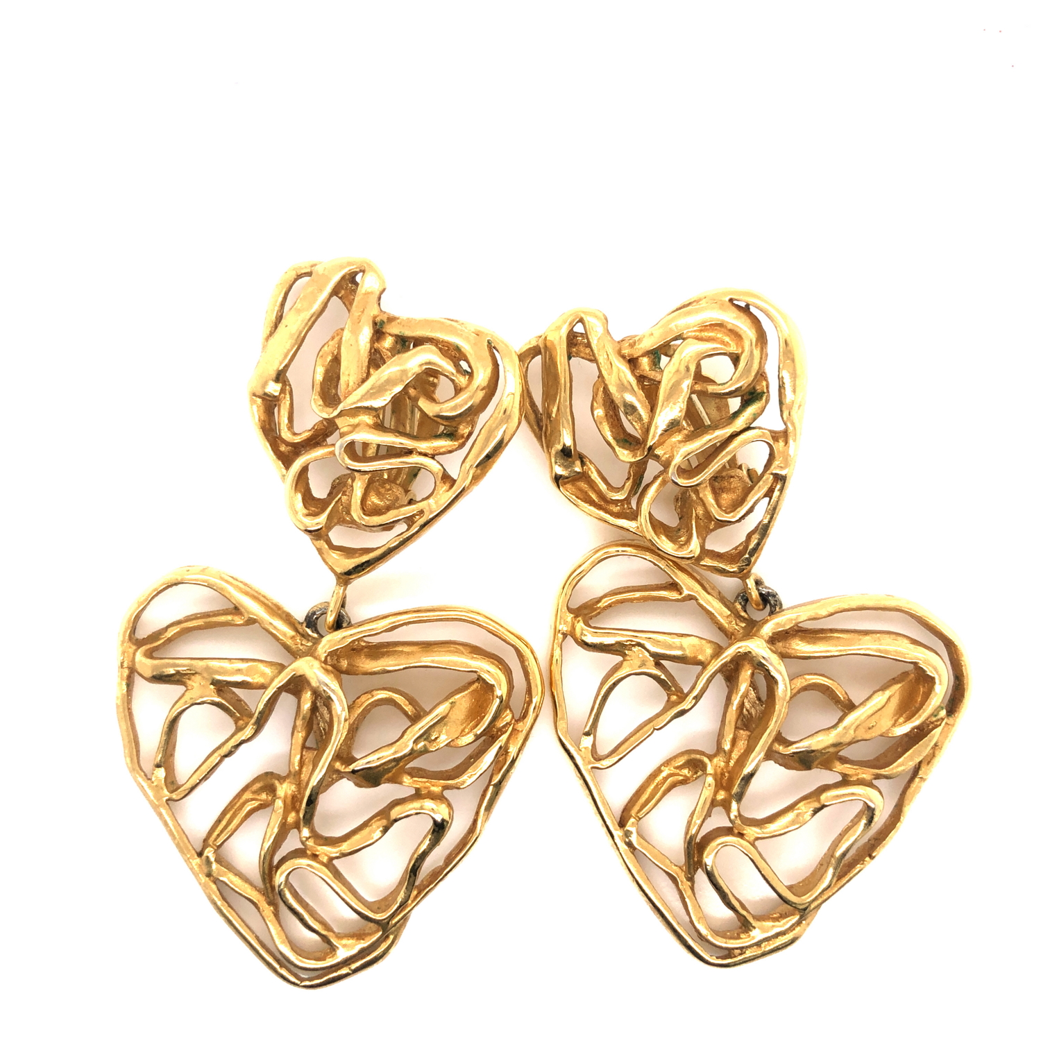 A PAIR OF YVES SAINT LAURENT CLIP-ON VINTAGE GOLD PLATED DOUBLE HEART DROP ARTICULATED EARRINGS.