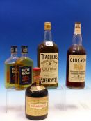 WHISKY, A LITRE BOTTLE OF OLD CROW BOURBON, A 1.13 LITRE BOTTLE OF TEACHERS, TWO HALF BOTTLES OF