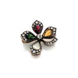 AN ANTIQUE GEMSET AND DIAMOND FOUR LEAF CLOVER STYLISED BROOCH, THE PETALS SET WITH CITRINE, GARNET,