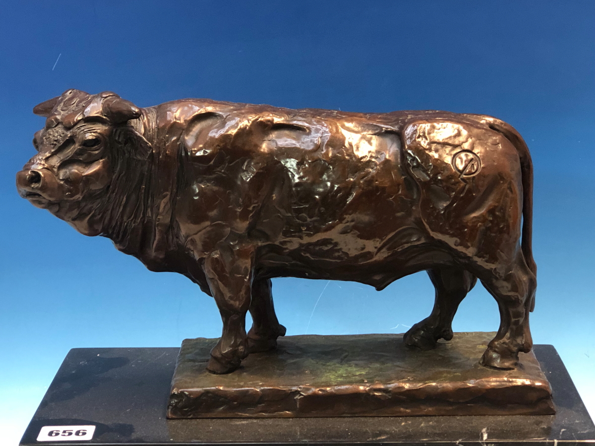 MARSHALL MITCHELL, HIS 1985 LIMITED EDITION 19/30 BRONZE FIGURE OF A BULL STANDING FOUR SQUARE ON