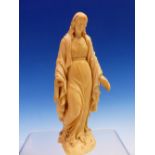 A 19th C. DIEPPE IVORY CARVING OF THE VIRGIN MARY STANDING WITH ONE FOOT ON A SERPENT, HER LOOSE